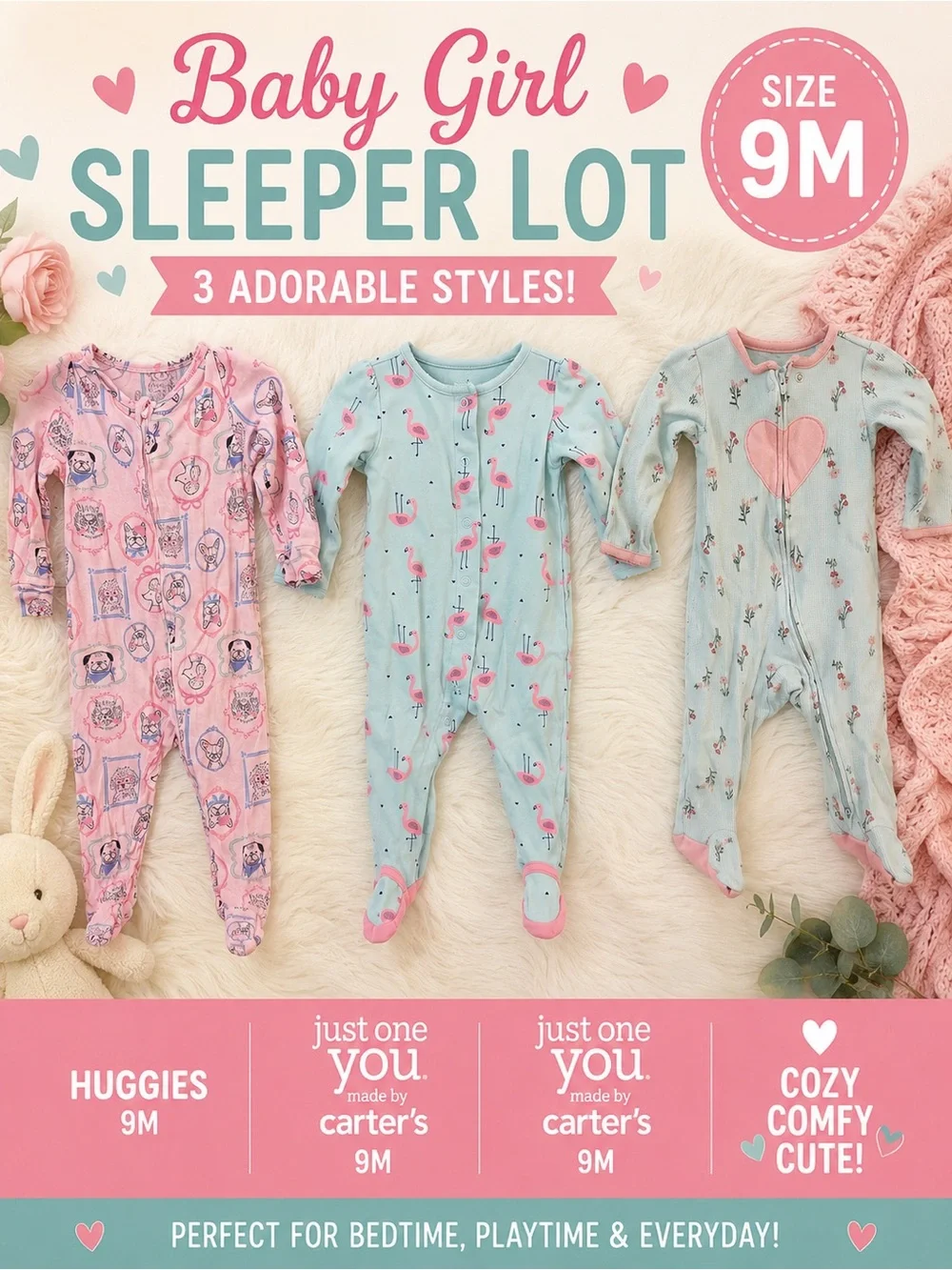 Baby Girl 9M Footed Pajama Sleeper Lot Huggies Carters Flamingo Floral